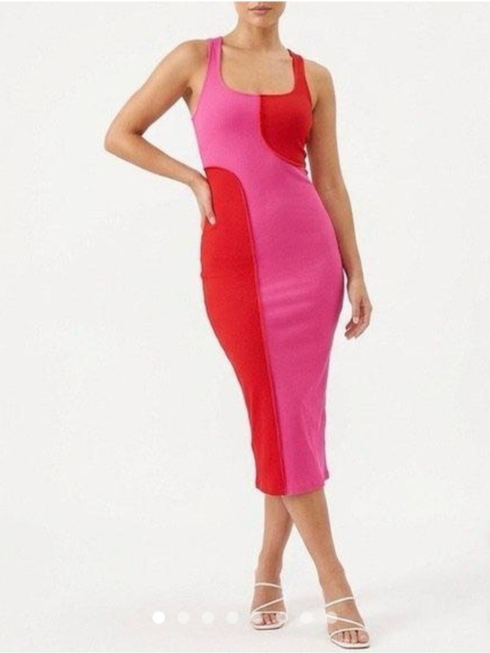 Naked Wardrobe • Women’s Pink Red Ribbed Colorblock Racerback Bodycon Midi Dress